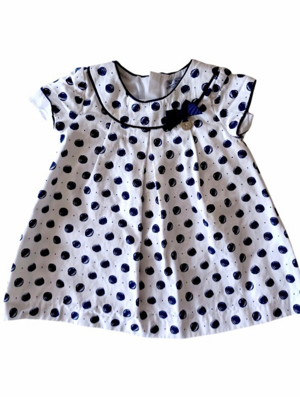 Mayoral White and Navy Polka Dot Cotton Baby Girl Dress, Size 6 Months